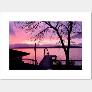 Silhouetted Couple on Dock with Pink Sunset Sky Posters and Art